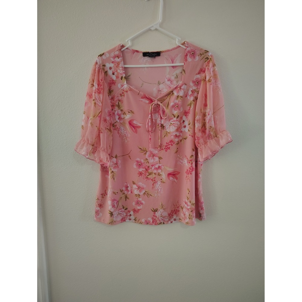 Adele & May Womens Pink Floral Sweetheart Tie Neck Flutter Sleeve‎ Blouse XL